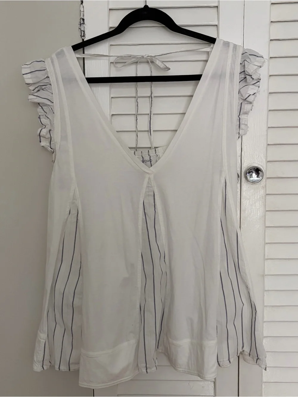 Anthropologie Pilcro Cream V-Neck Ruffle Sleeve Tunic with Pinstripes - Picture 2 of 4